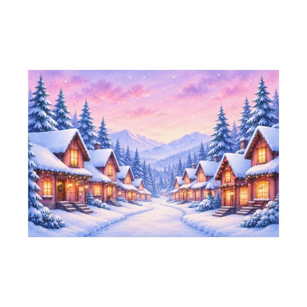 Winter Village Canvas Print — Snowy Cabin Holiday Wall Art