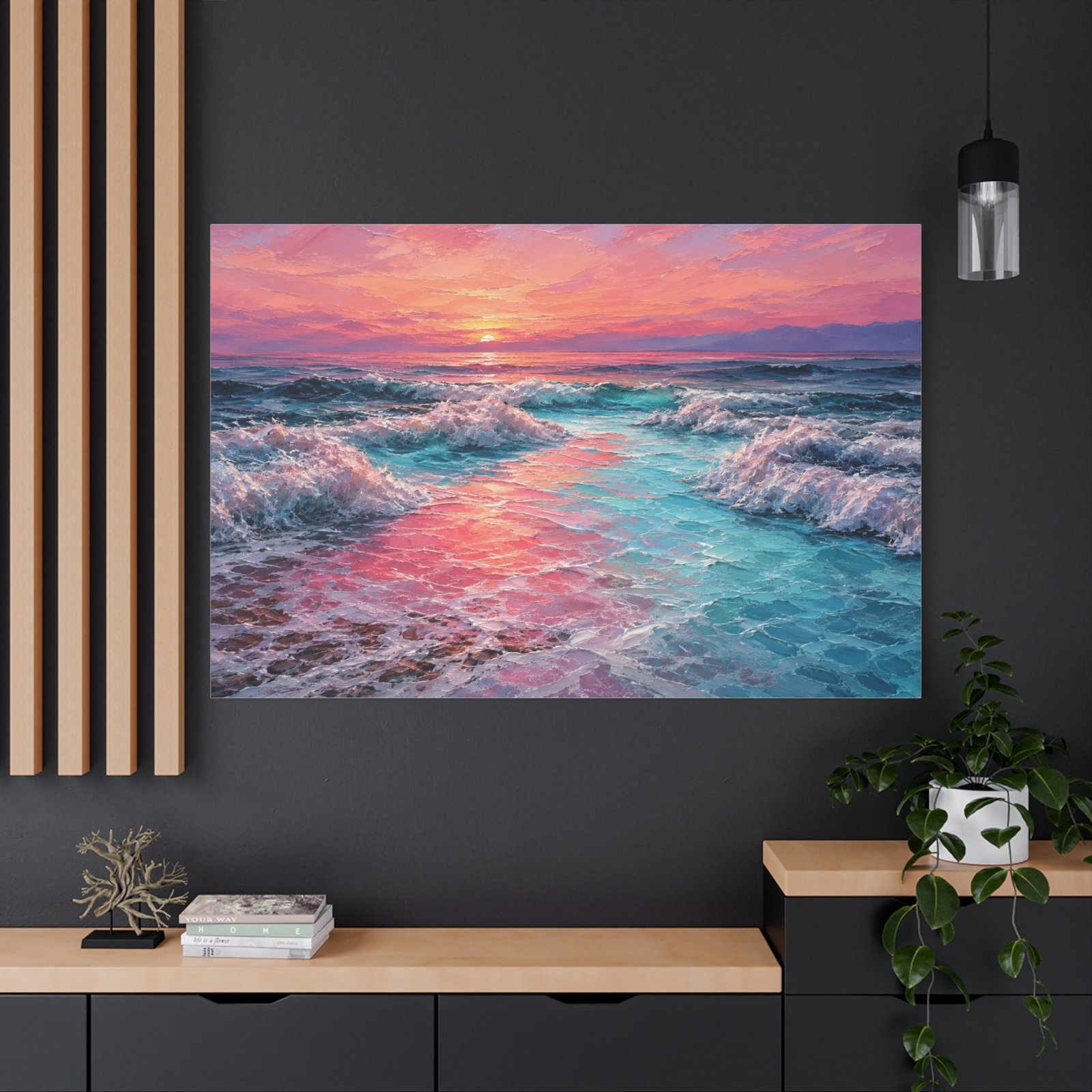 Sunset Ocean Canvas Print — Pink & Teal Seascape Matte Stretched Wall Art - Image 4