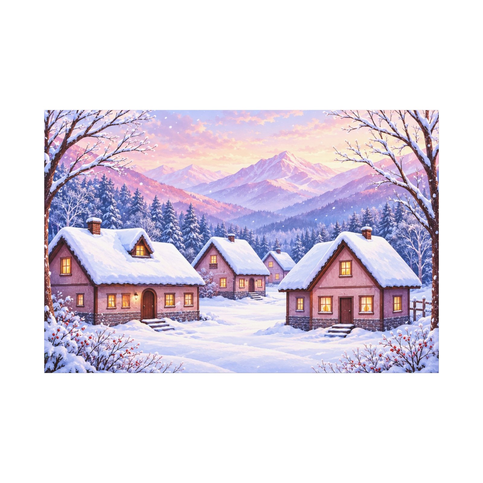 Winter Cottage Canvas Print — Snowy Village Mountain Landscape Matte Stretched Wall Art - Image 1