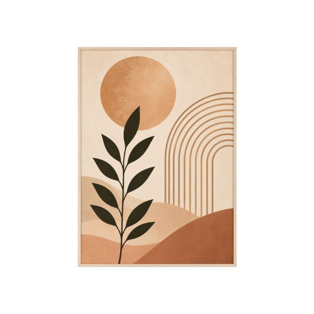 Abstract Boho Sun & Leaf Poster — Framed Wooden Wall Art