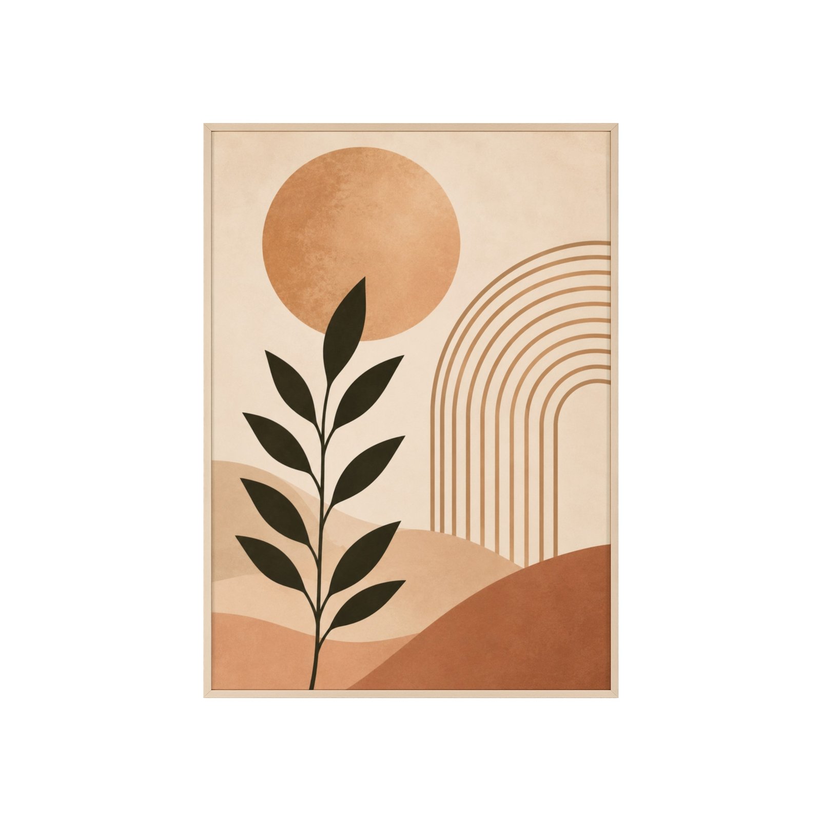 Abstract Boho Sun & Leaf Poster — Framed Wooden Wall Art - Image 1