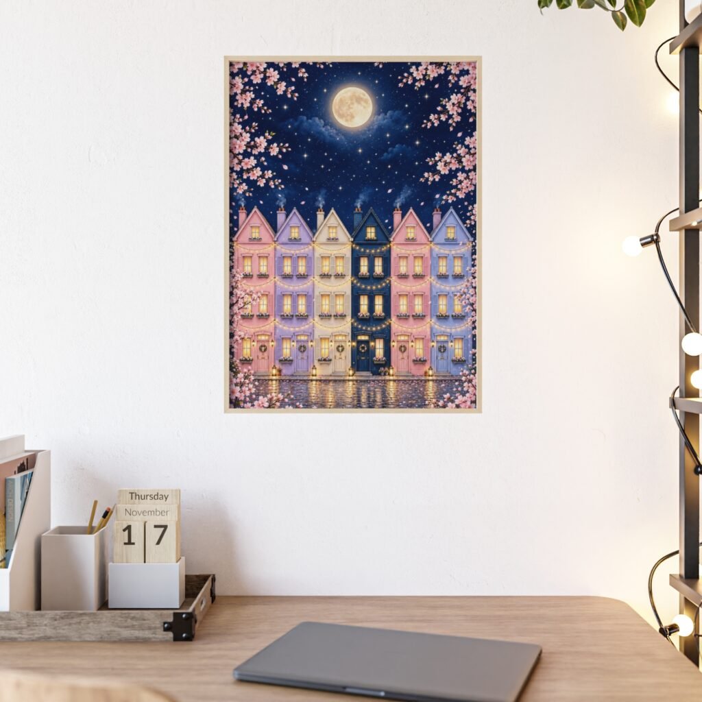 Moonlit Row Houses Poster with Wooden Frame — Cherry Blossom Night Wall Art