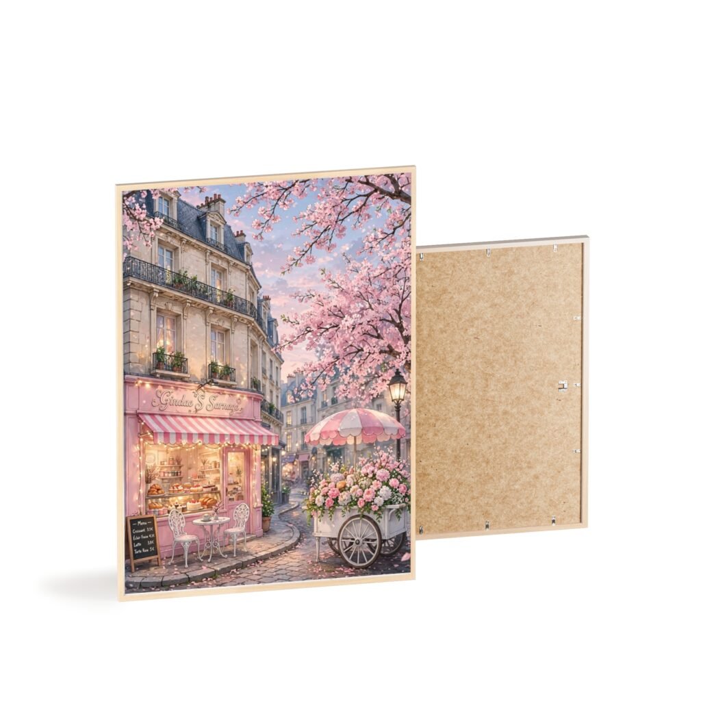 Parisian Café Blossom Poster with Wooden Frame — Romantic Street Scene Wall Art