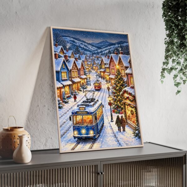 Framed Winter Village Tram Poster — Cozy Snowy Street Holiday Wall Art - Image 3