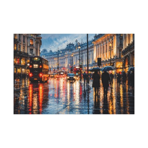 London Rain Street Scene Matte Stretched Canvas (1.25") - Image 1