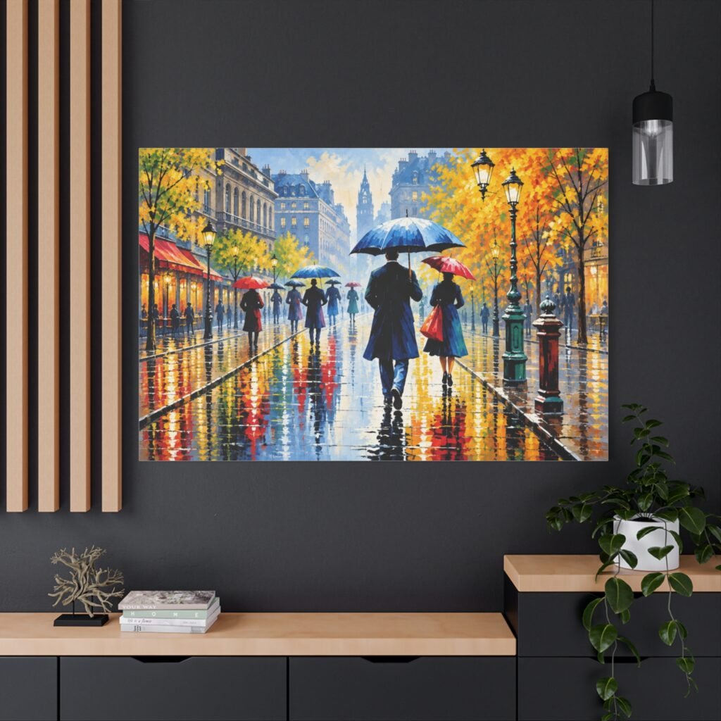Rainy City Stroll Matte Canvas Wall Art — Stretched 1.25"