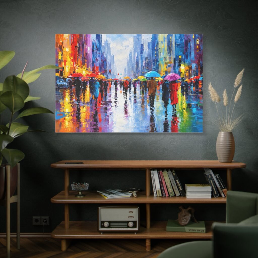 Colorful Rainy Cityscape Matte Canvas Print — Stretched Wall Art