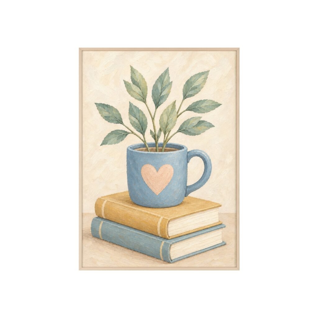 Botanical Coffee Mug Wall Art Poster with Wooden Frame — Cozy Plant & Books Print