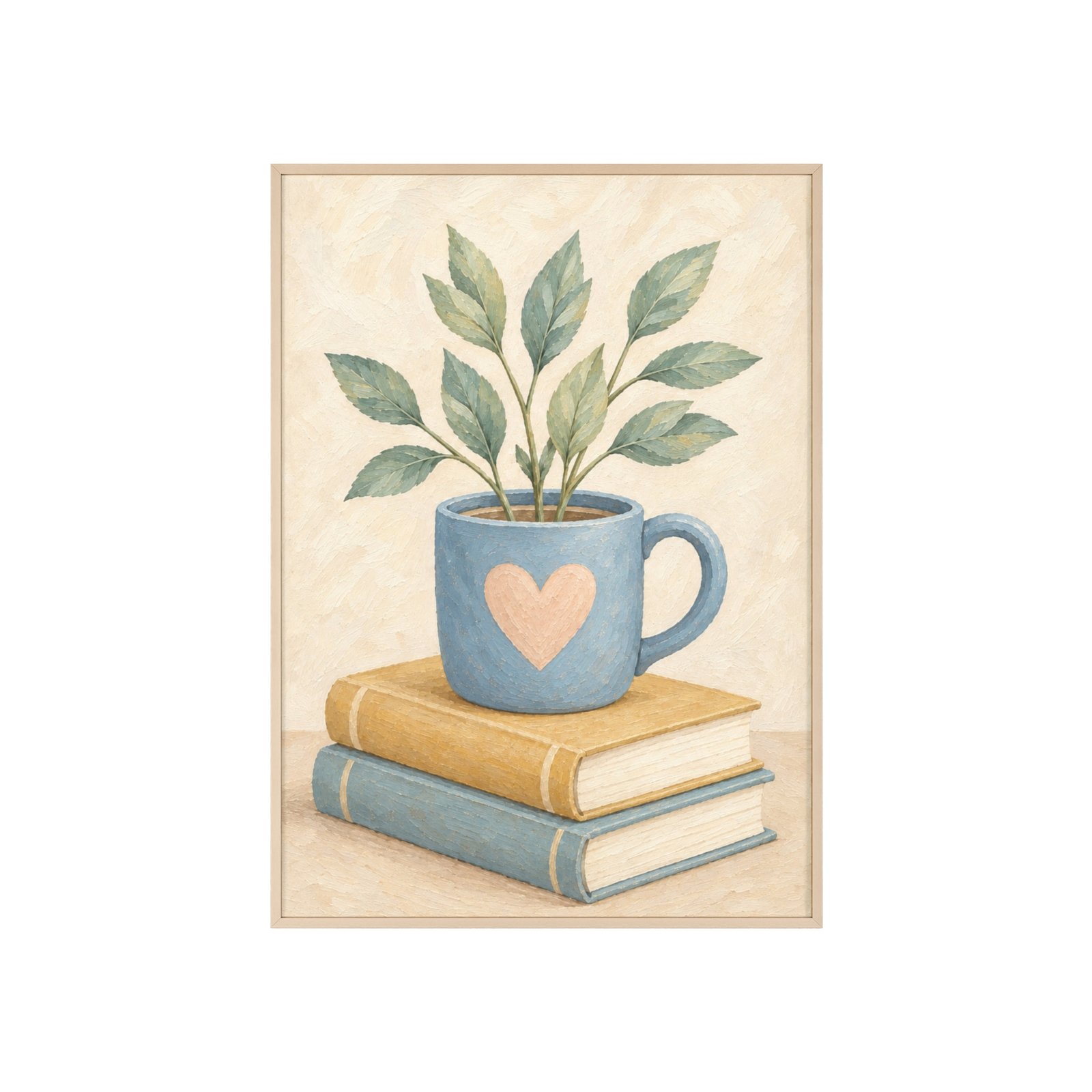 Botanical Coffee Mug Wall Art Poster with Wooden Frame — Cozy Plant & Books Print - Image 1