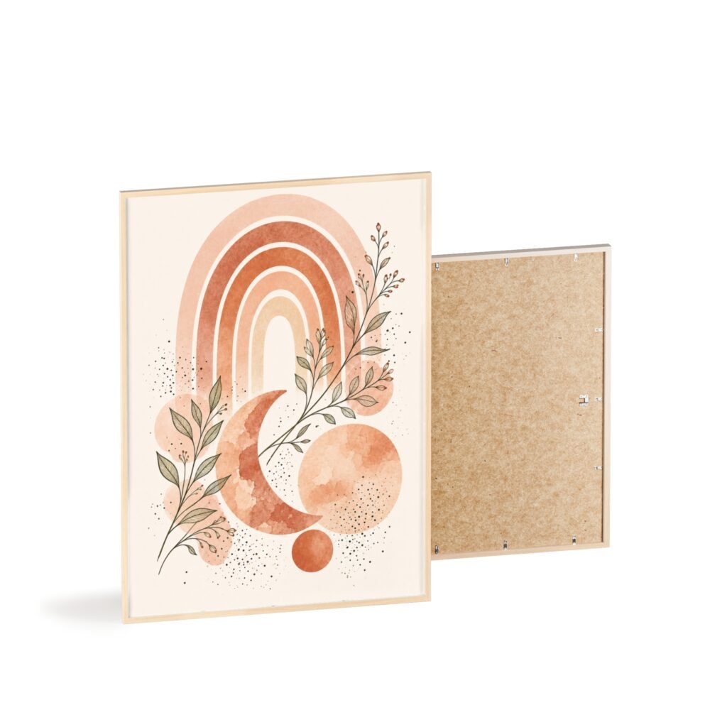 Boho Rainbow Moon Poster with Wooden Frame — Earthy Terracotta Wall Art