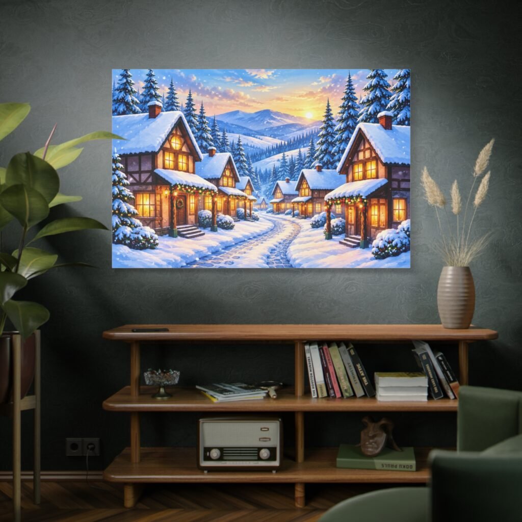 Winter Village Matte Canvas Print — Snowy Cottage Landscape Wall Art