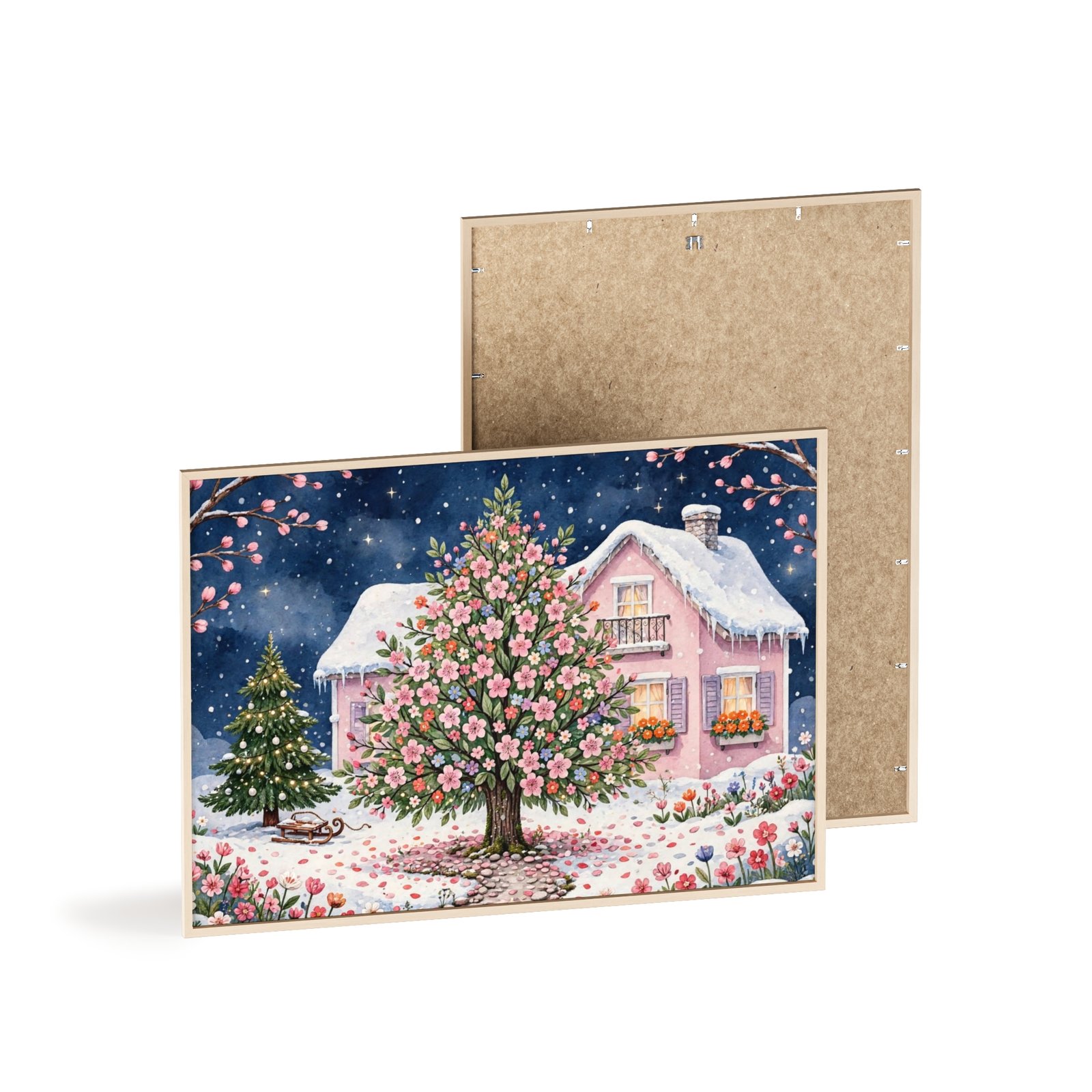 Winter Cottage Floral Poster with Wooden Frame - Image 4