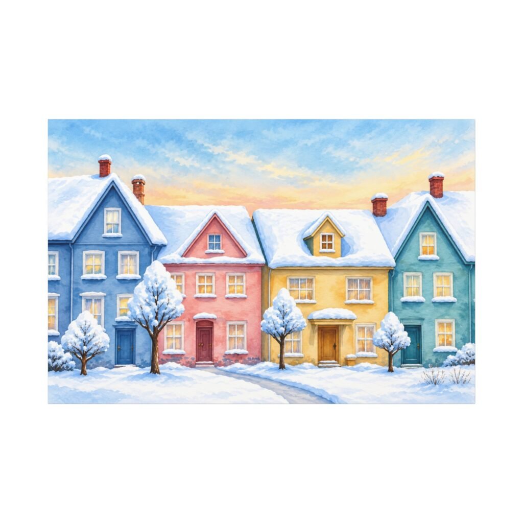 Winter Cottage Row Matte Canvas Wall Art — Stretched 1.25"