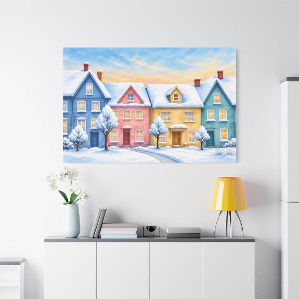Winter Cottage Row Matte Canvas Wall Art — Stretched 1.25"