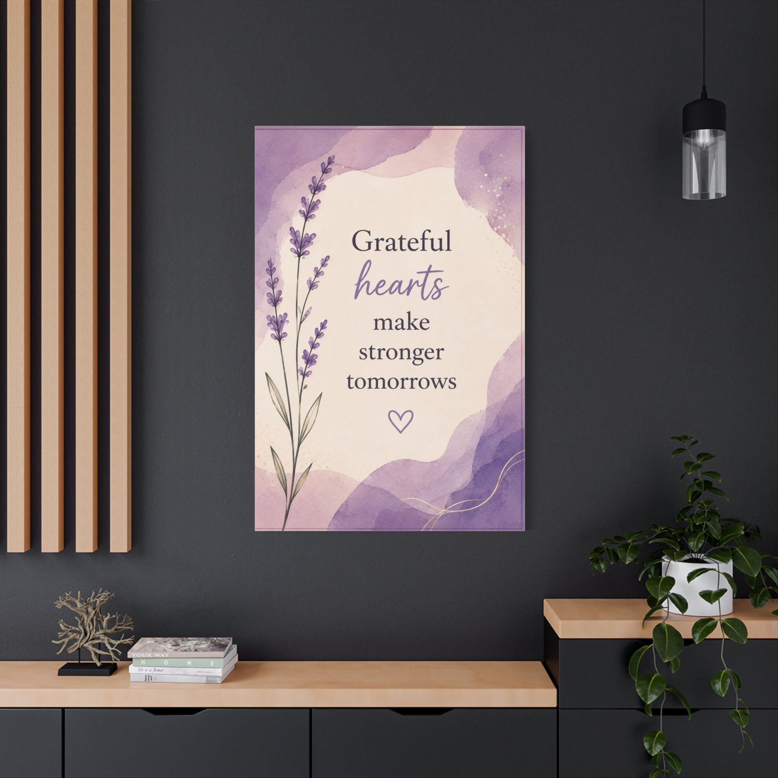 Grateful Hearts Lavender Canvas Wall Art – Inspirational Quote Stretched Matte Canvas - Image 4