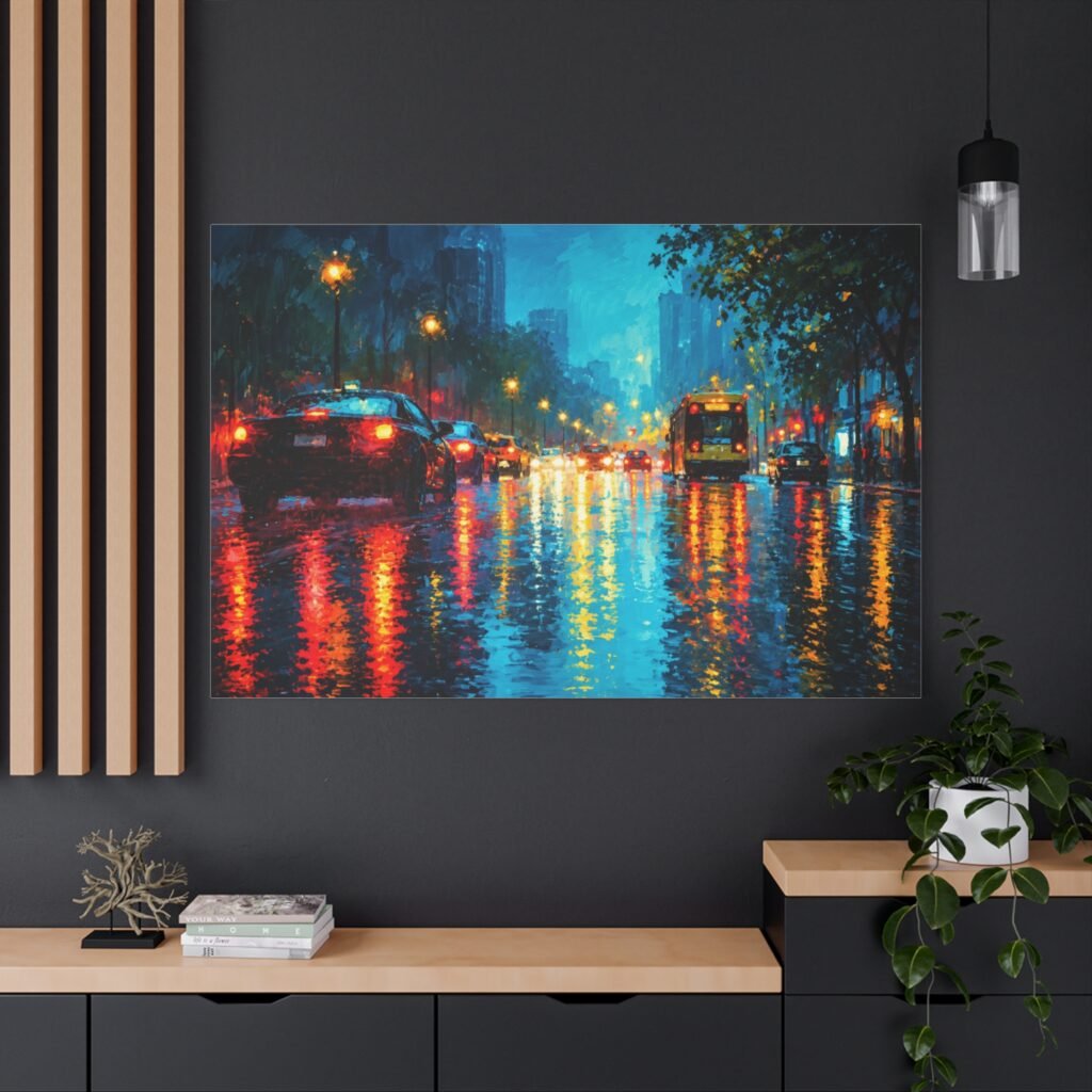 City Rainscape Matte Canvas Print — Urban Night Street Reflections
