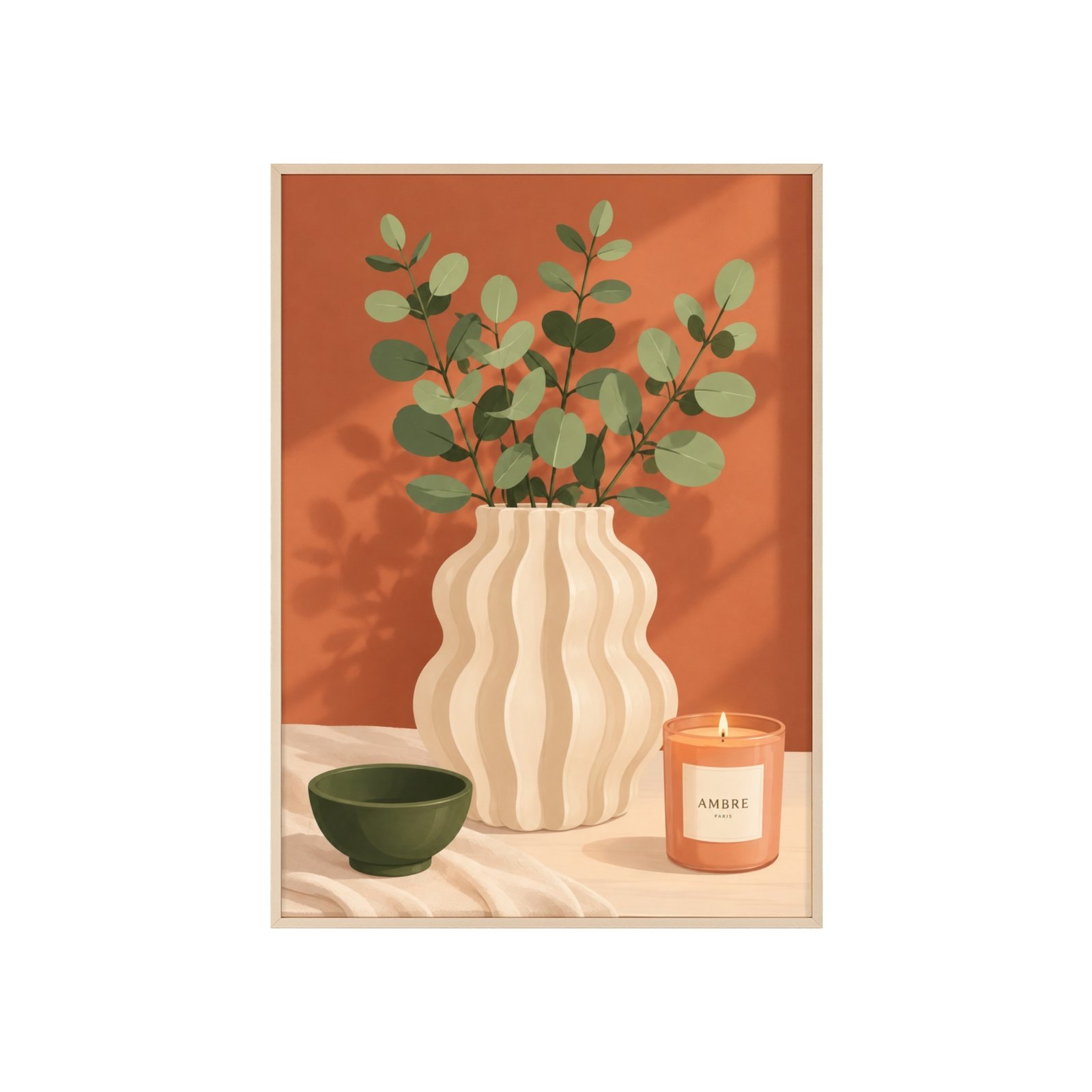 Framed Botanical Still Life Poster — Eucalyptus Vase & Candle Wall Art - Image 1