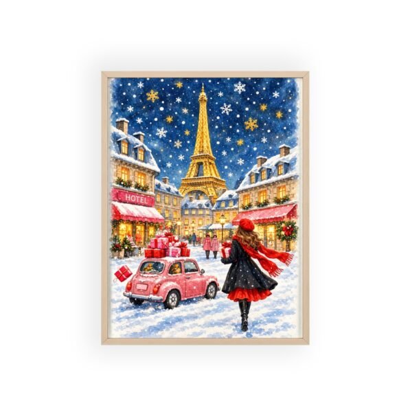Paris Winter Holiday Poster with Wooden Frame — Eiffel Tower Christmas Street Scene - Image 13