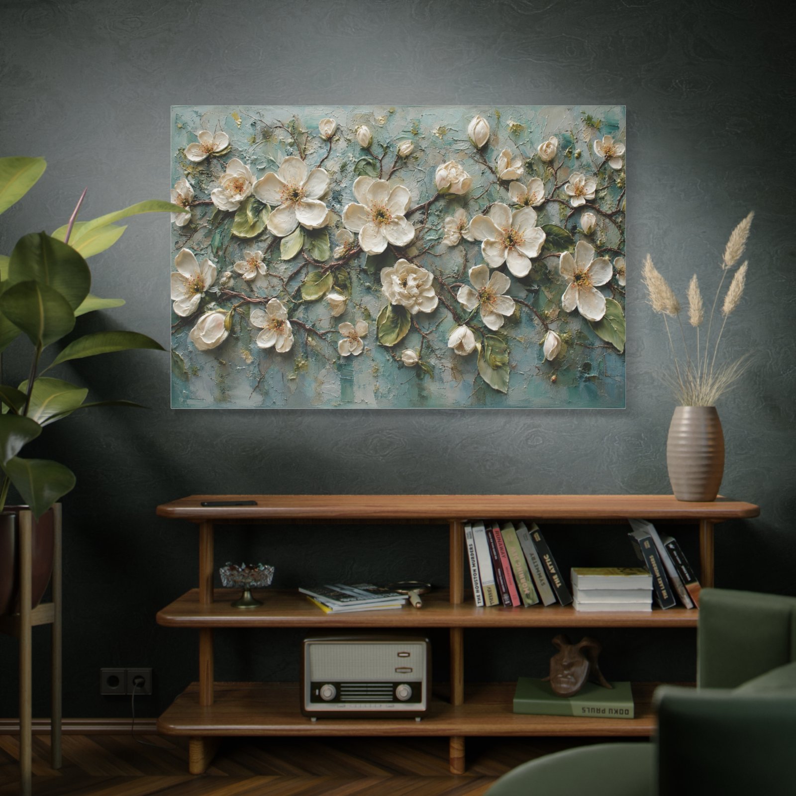 Floral Relief Canvas Wall Art — Cream Blossoms on Teal Matte Stretched Canvas - Image 5
