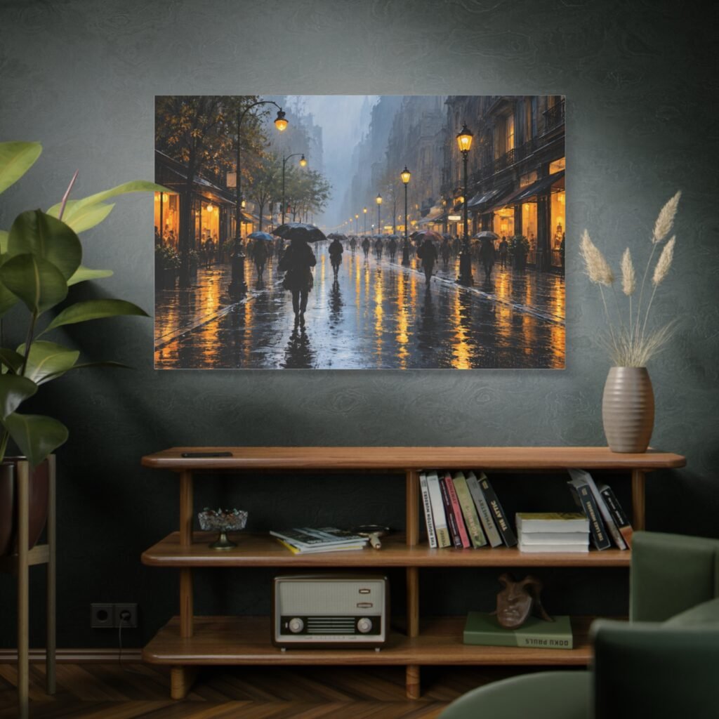 Rainy City Street Matte Canvas Wall Art — Evening Umbrella Scene, Stretched 1.25"