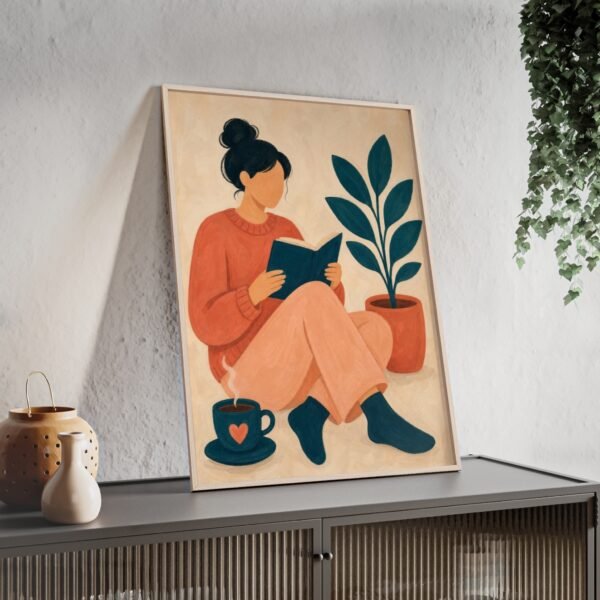 Cozy Reading Poster with Wooden Frame — Woman Reading Illustration Wall Art - Image 2