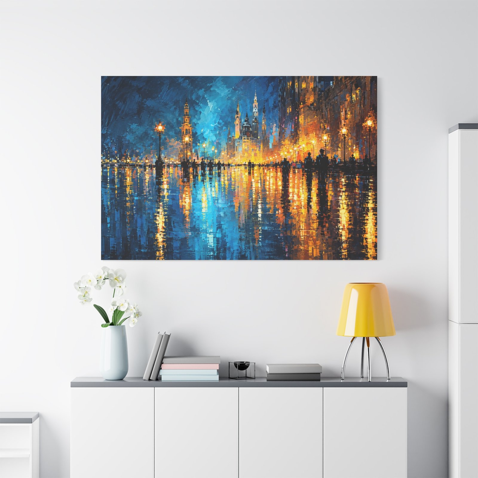 City Lights Abstract Matte Canvas Wall Art — Blue & Gold Stretched Canvas - Image 3