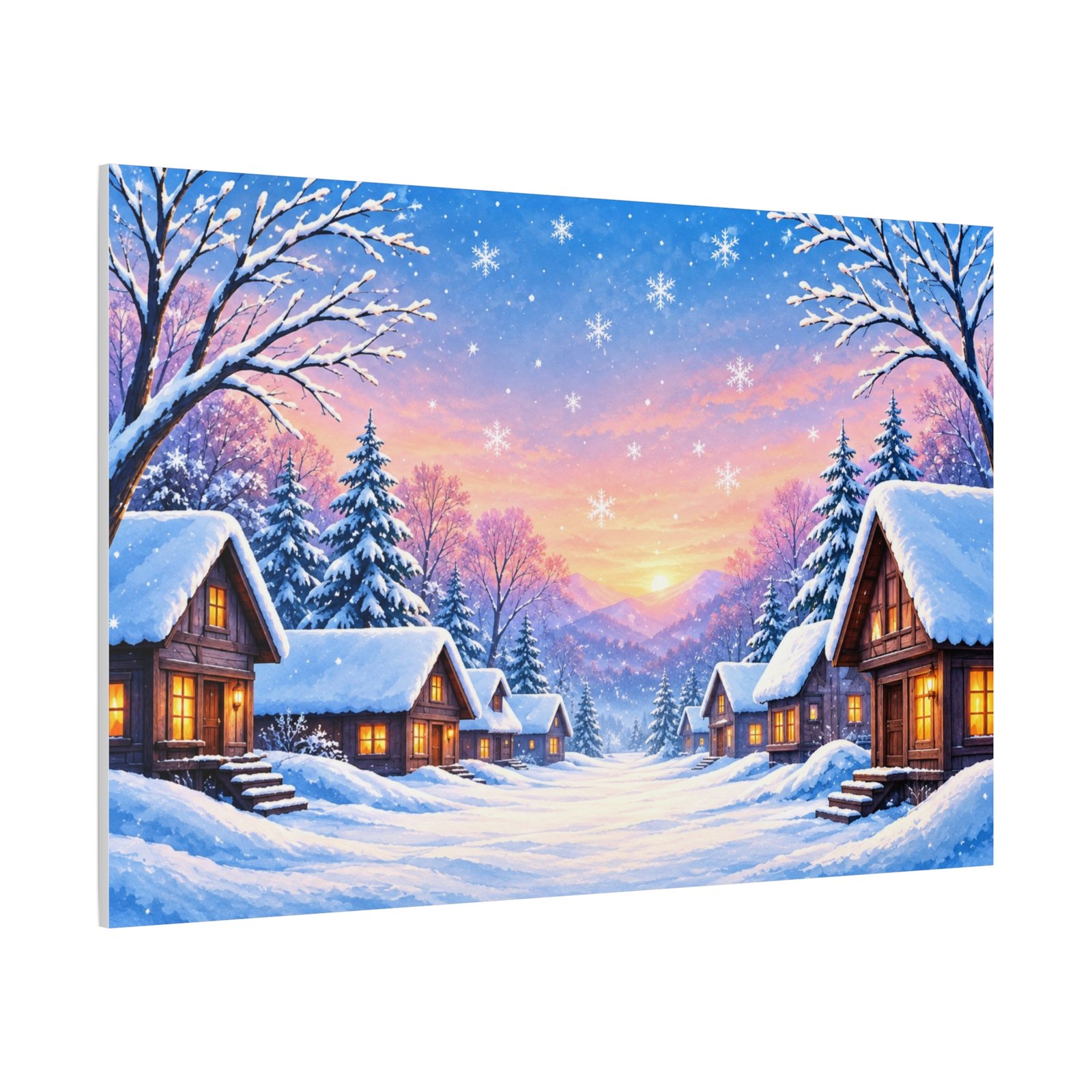 Winter Cabin Canvas Print — Snowy Village Sunset Matte Stretched Wall Art - Image 2