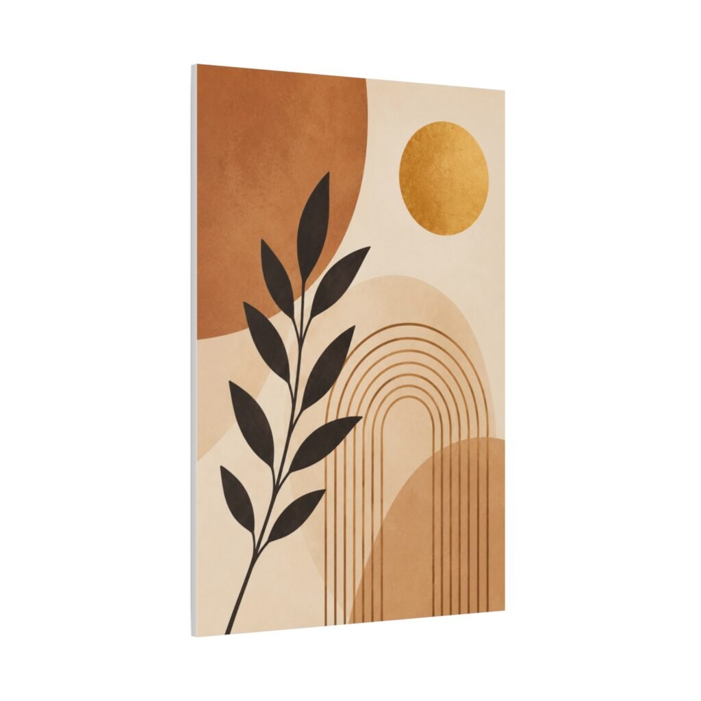 Abstract Boho Leaf Canvas Wall Art — Neutral Earth Tone Sun & Rainbow