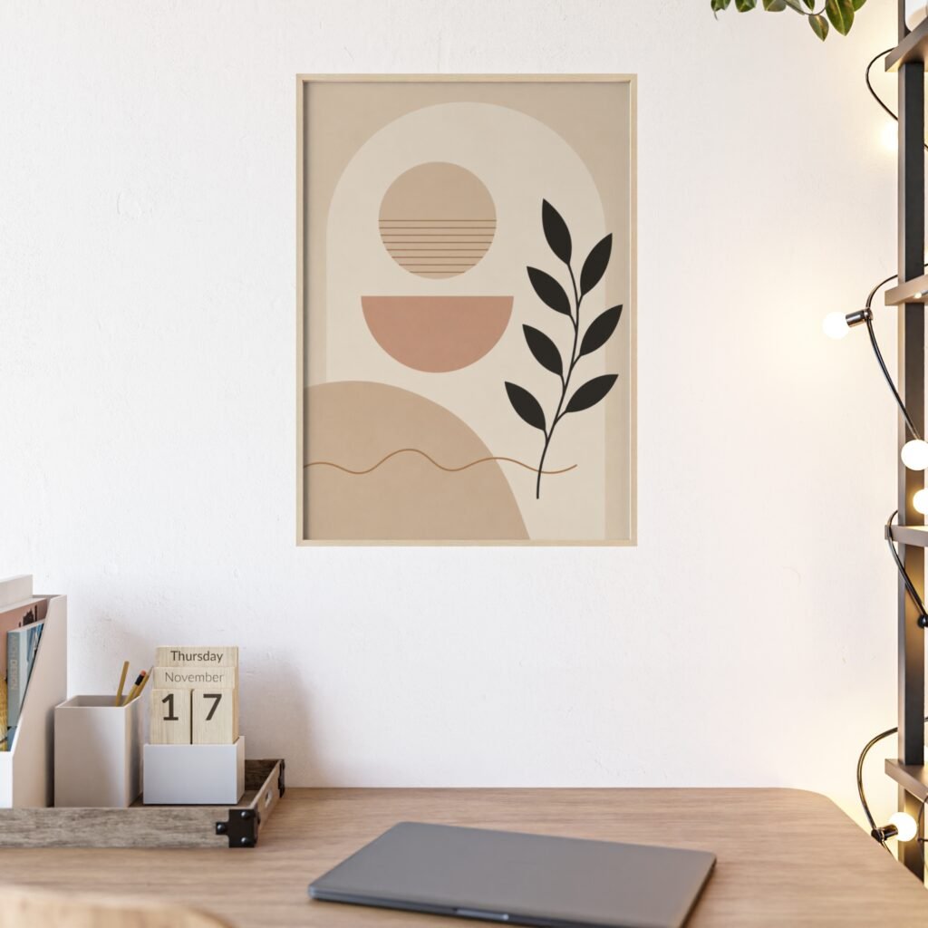 Abstract Boho Wall Art Poster with Wooden Frame — Minimalist Sun & Leaf Print