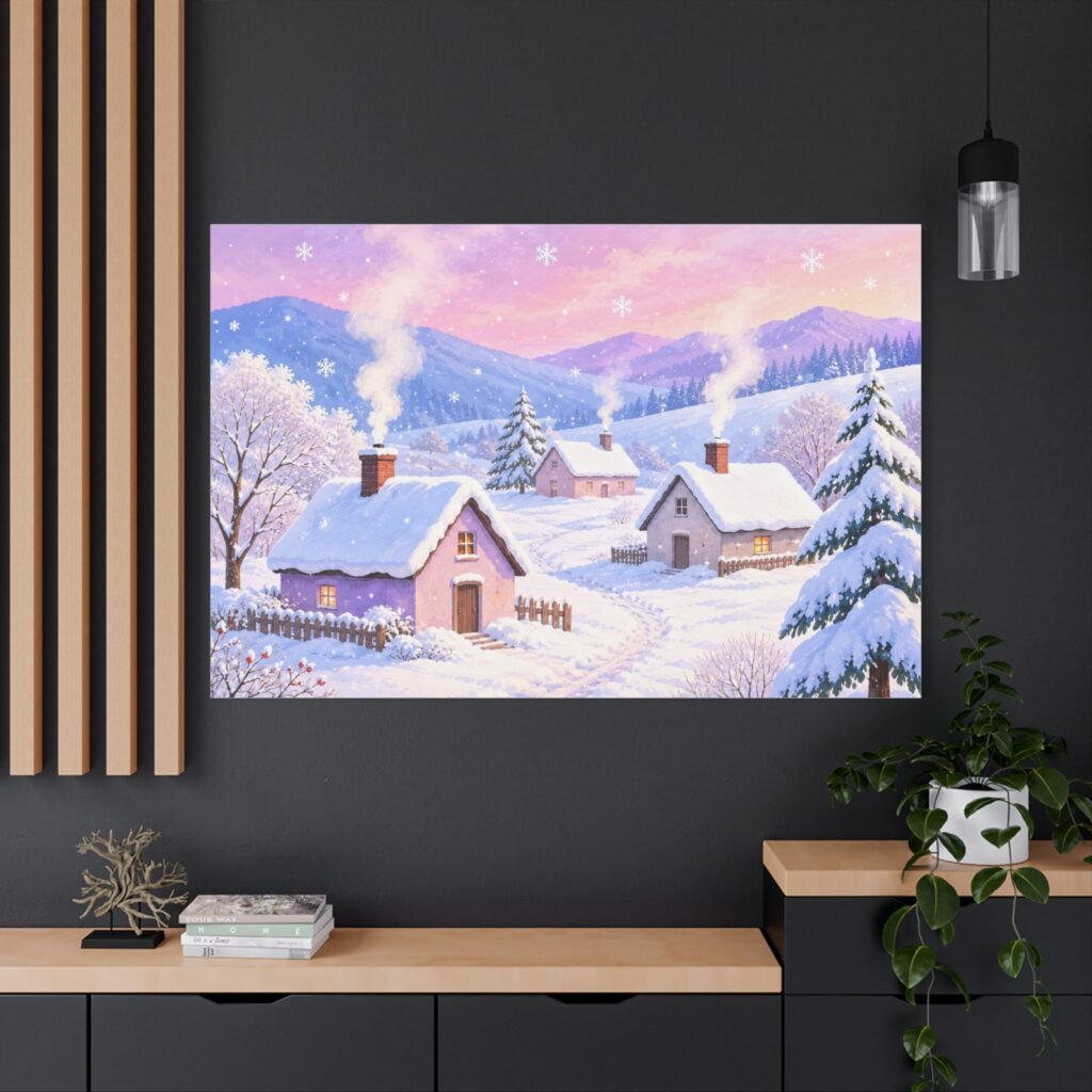 Winter Cottage Canvas Wall Art – Snowy Village Landscape Matte Stretched Print