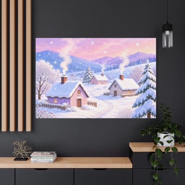 Winter Cottage Canvas Wall Art – Snowy Village Landscape Matte Stretched Print - Image 4