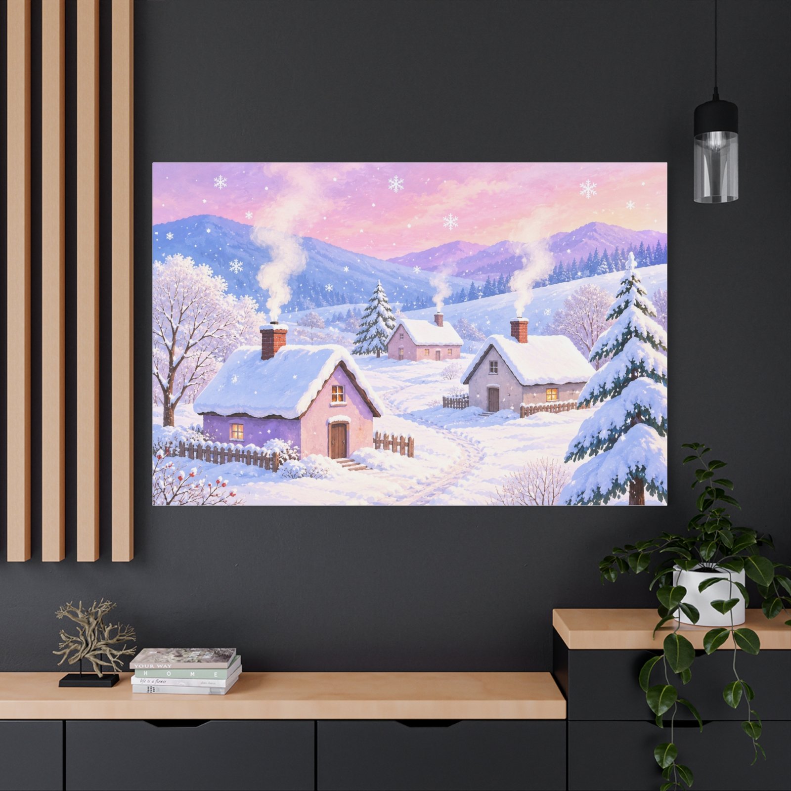 Winter Cottage Canvas Wall Art – Snowy Village Landscape Matte Stretched Print - Image 4