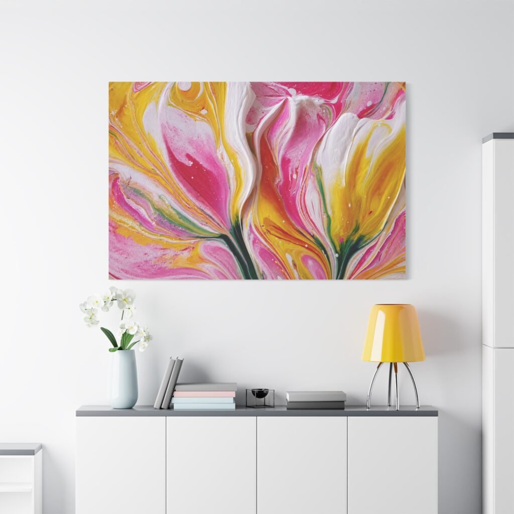 Abstract Floral Pour Art Matte Canvas Print — Pink & Yellow Stretched Wall Art