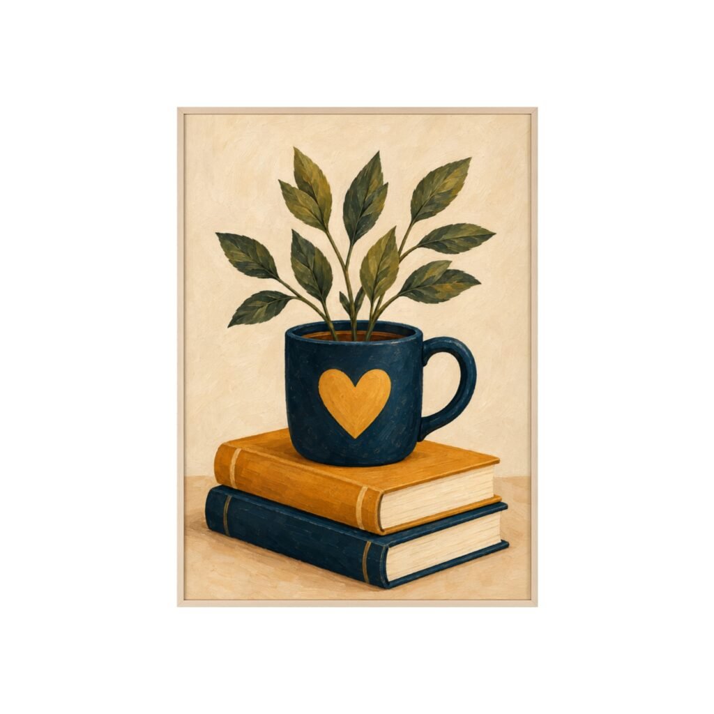 Botanical Coffee Mug Art Print — Framed Poster with Books (Cozy Kitchen & Reading Nook Wall Decor)