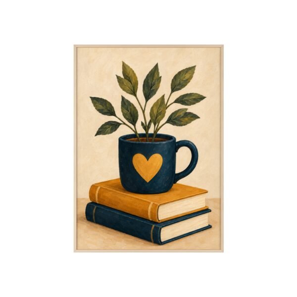 Botanical Coffee Mug Art Print — Framed Poster with Books (Cozy Kitchen & Reading Nook Wall Decor) - Image 1