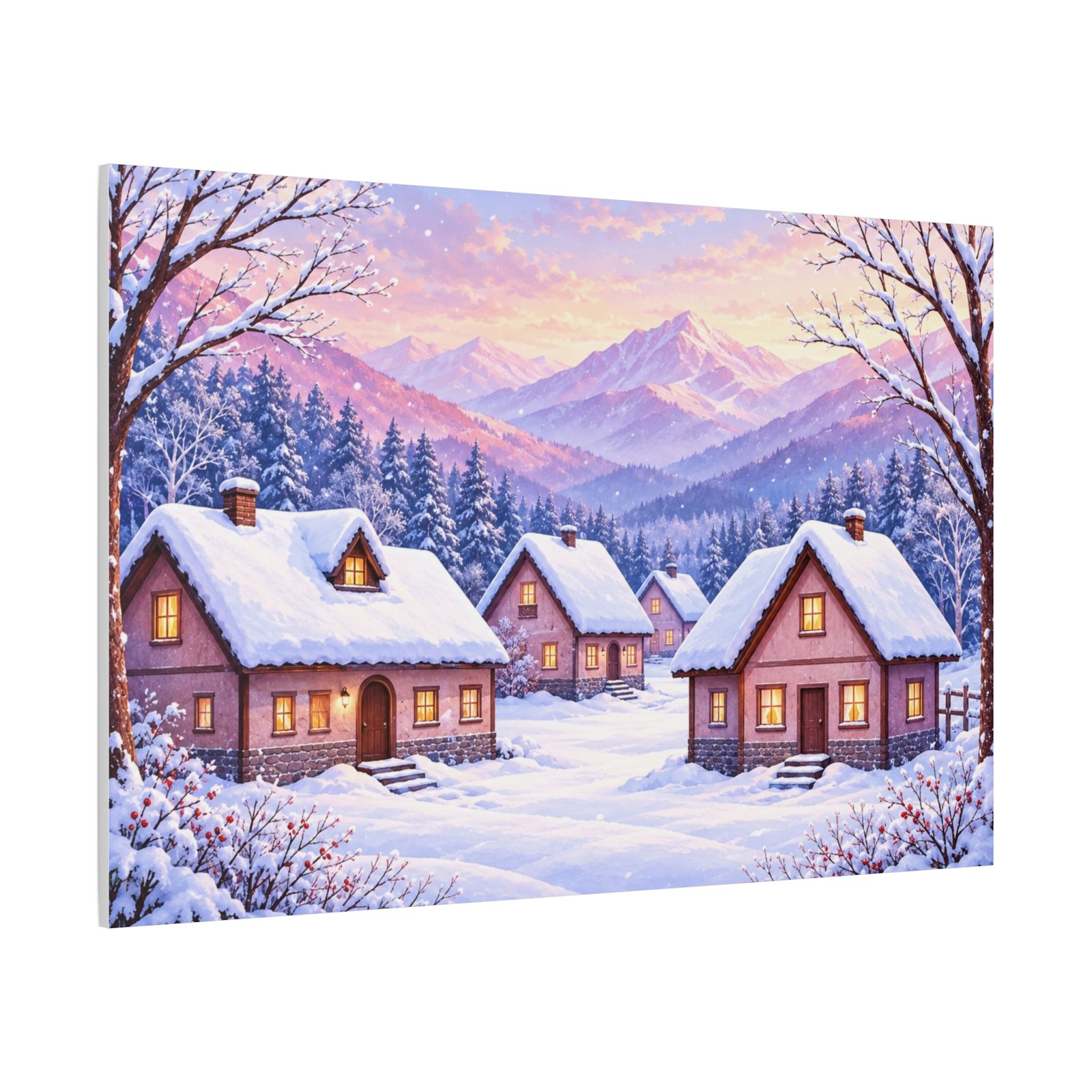 Winter Cottage Canvas Print — Snowy Village Mountain Landscape Matte Stretched Wall Art - Image 2