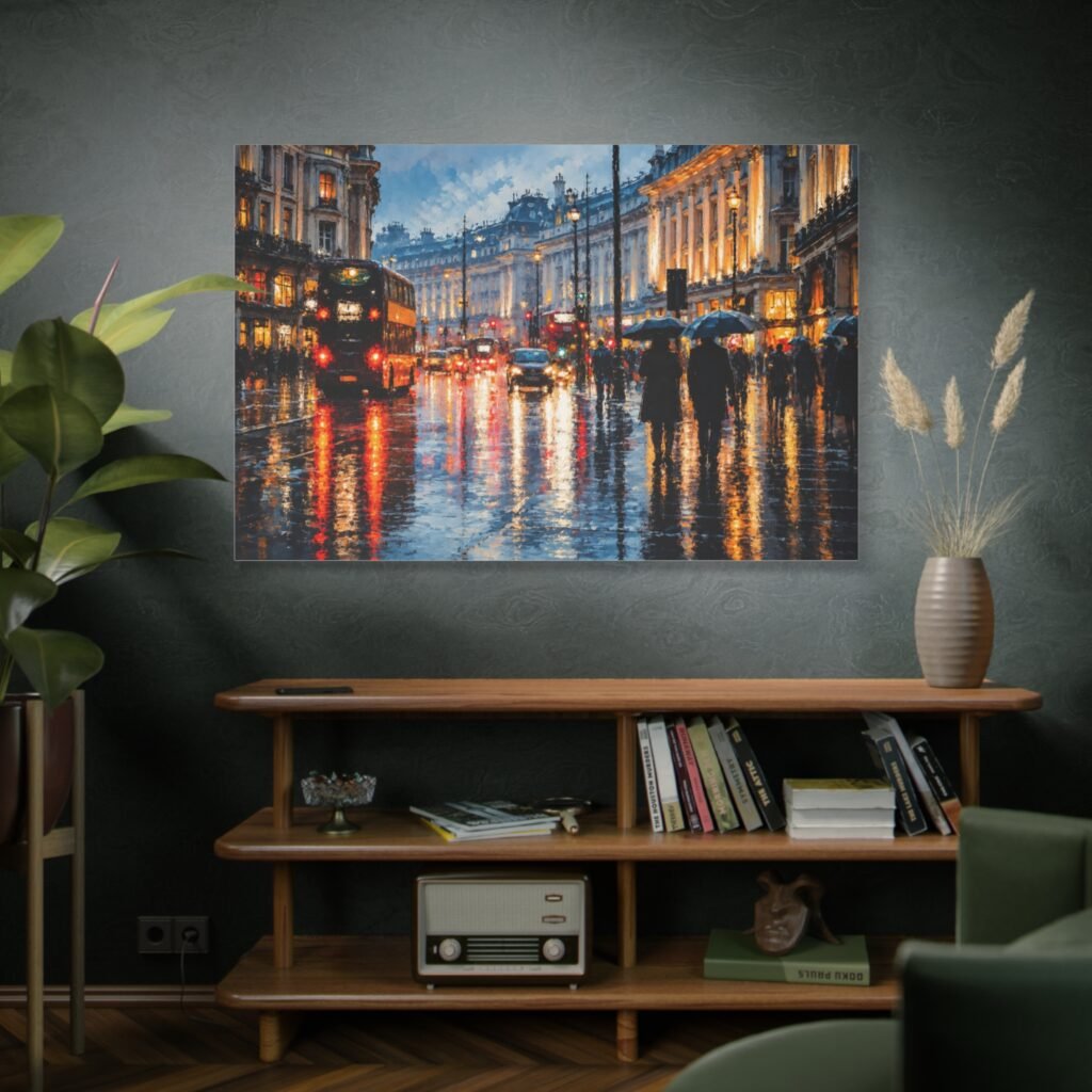 London Rain Street Scene Matte Stretched Canvas (1.25")