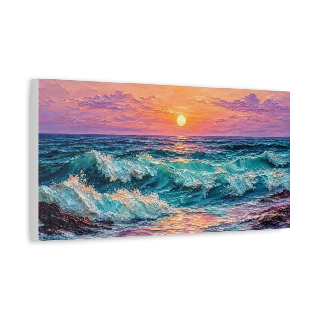 Sunset Ocean Waves Matte Canvas Print — Seaside Beach Wall Art