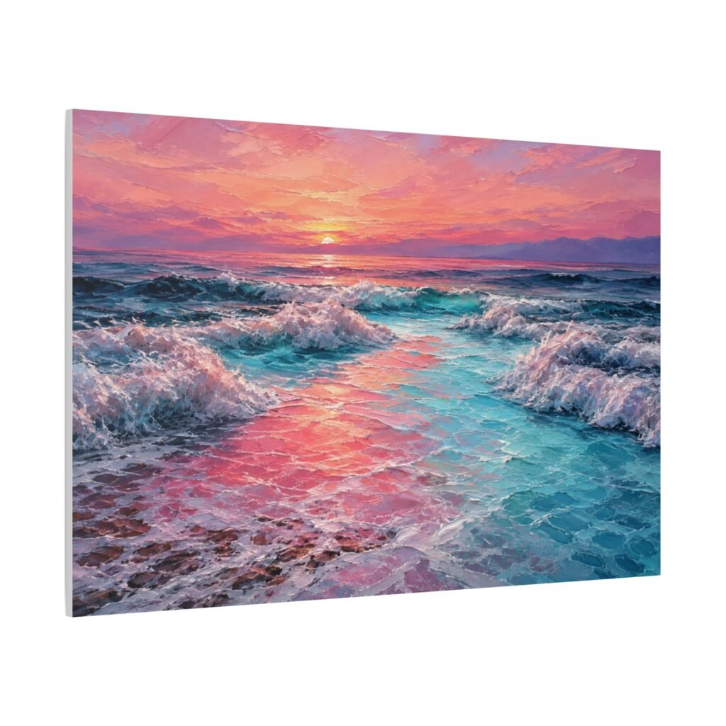 Sunset Ocean Canvas Print — Pink & Teal Seascape Matte Stretched Wall Art