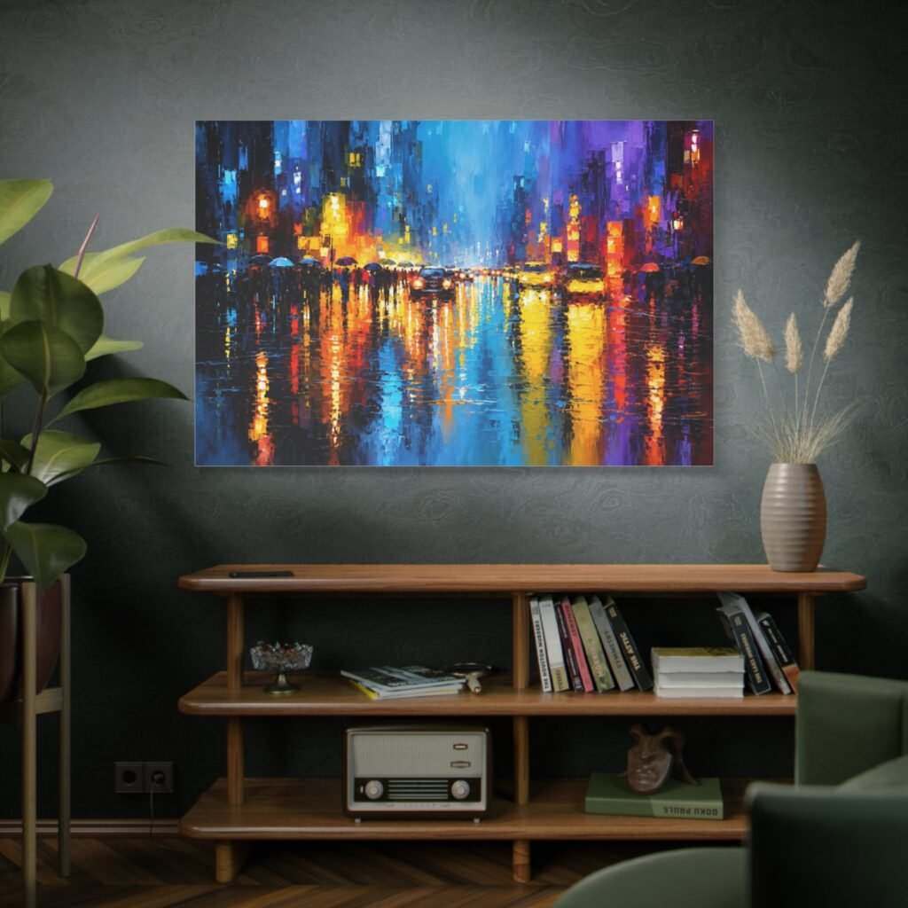 City Lights Rainy Night Matte Canvas Wall Art — Vibrant Urban Landscape Painting