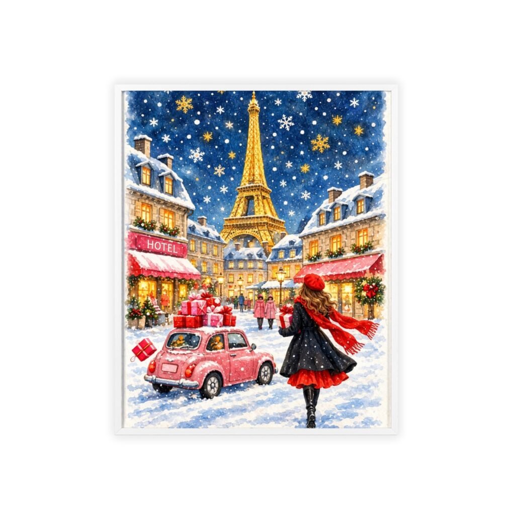 Paris Winter Holiday Poster with Wooden Frame — Eiffel Tower Christmas Street Scene
