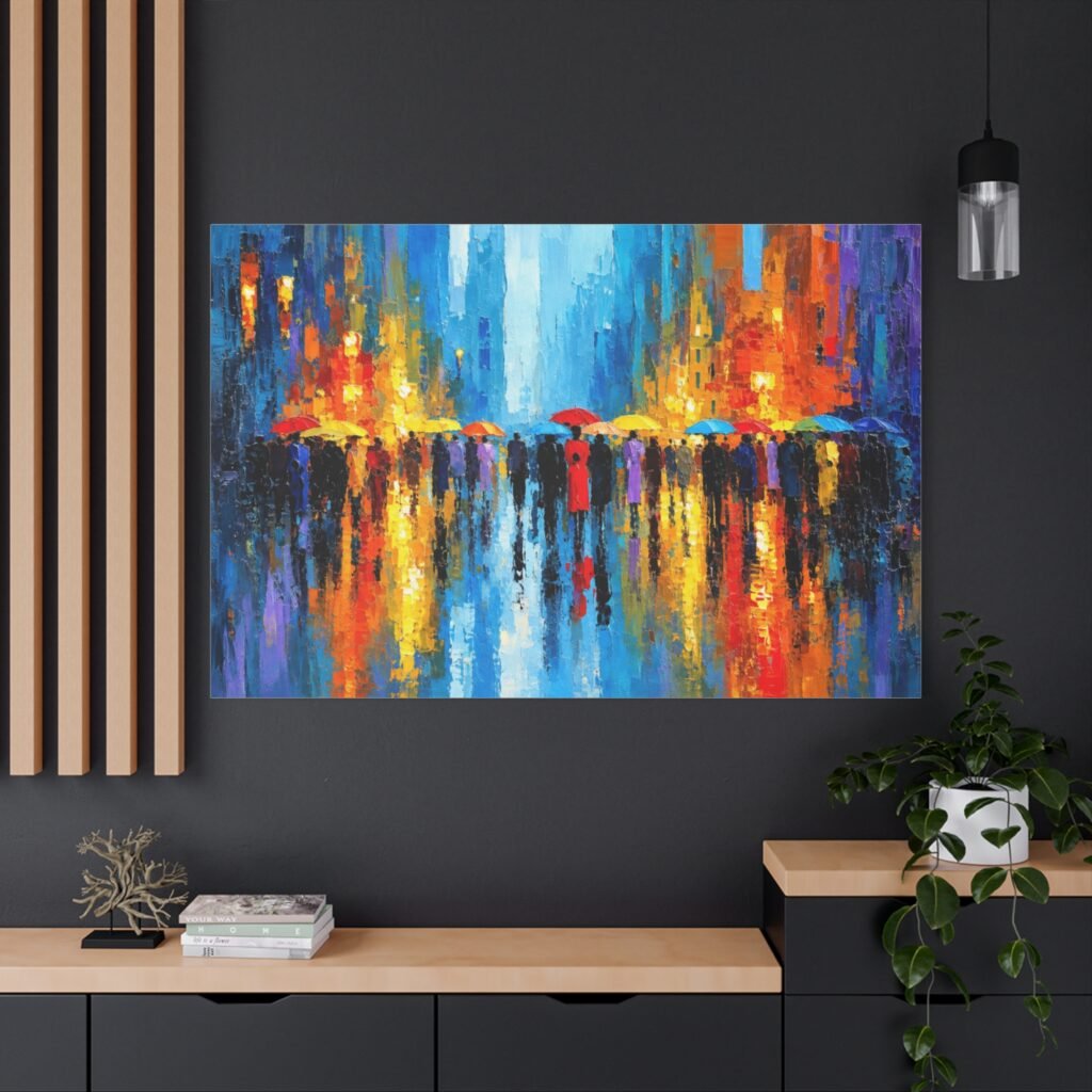 Colorful City Rainscape Matte Canvas Print — Abstract Umbrella Reflection Wall Art