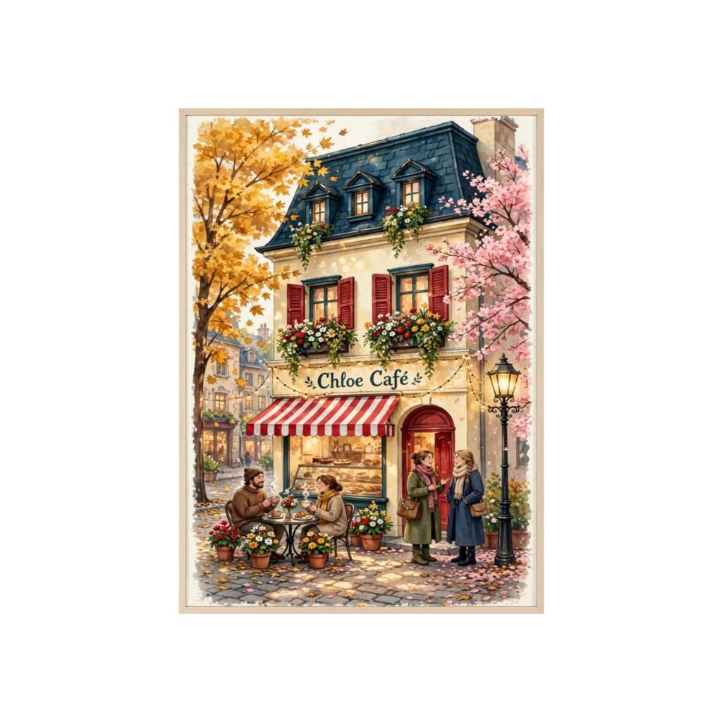 Café Street Scene Poster with Wooden Frame — Chloe Café Parisian Wall Art