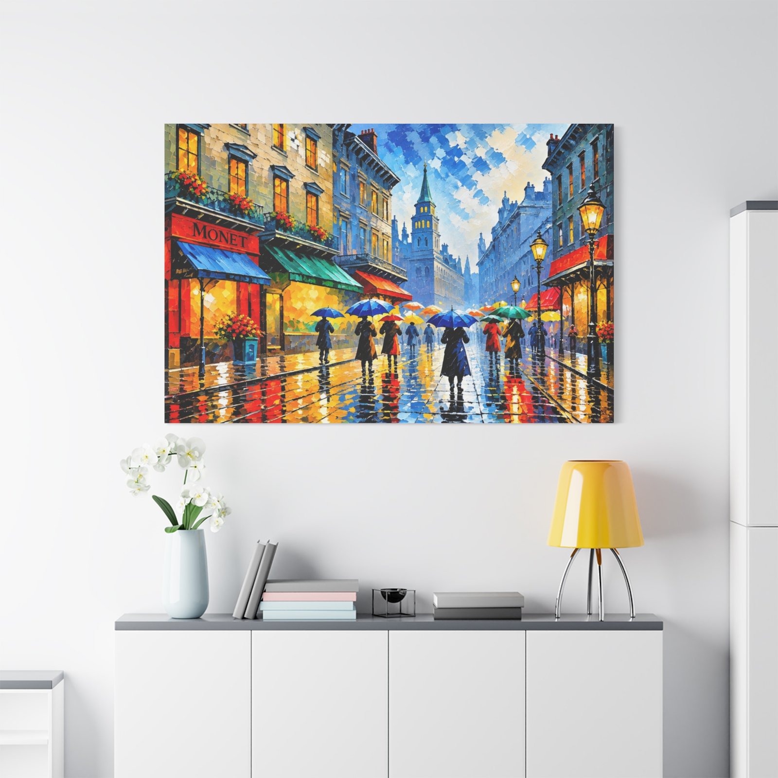 City Rain Street Canvas Wall Art – Colorful Impressionist Umbrella Scene, Matte Stretched Print - Image 3