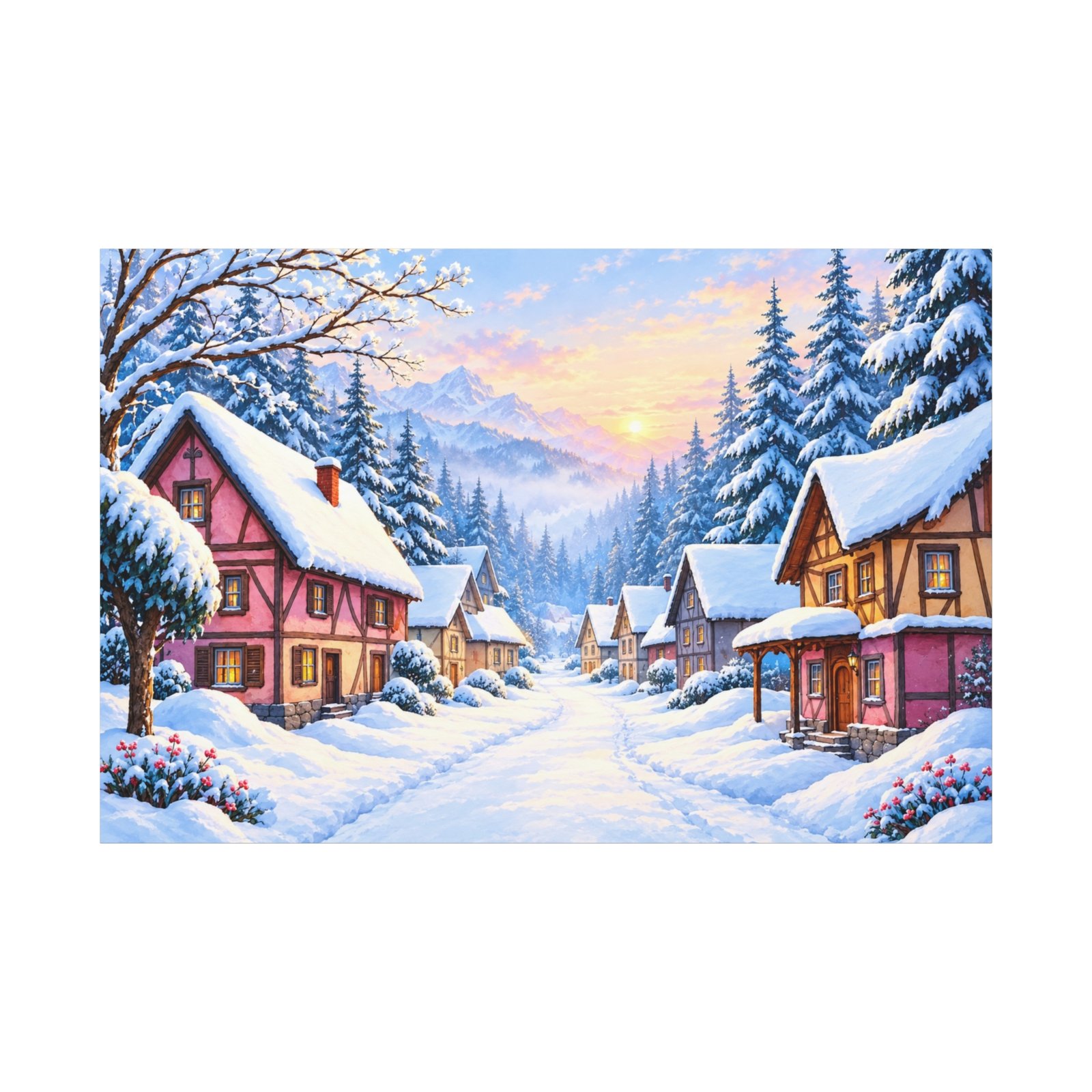 Winter Village Canvas Print — Snowy Sunset Cottage Wall Art - Image 1