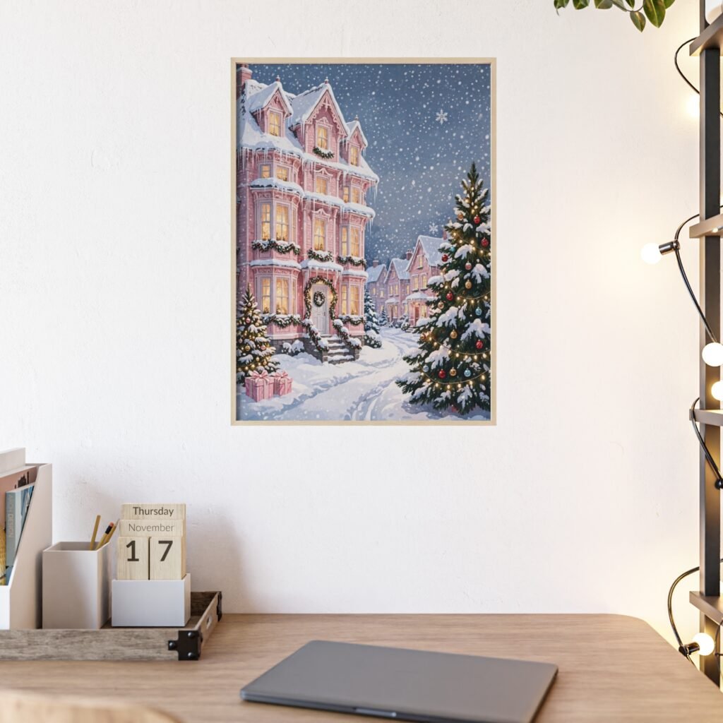 Christmas Snowy Victorian Street Poster with Wooden Frame