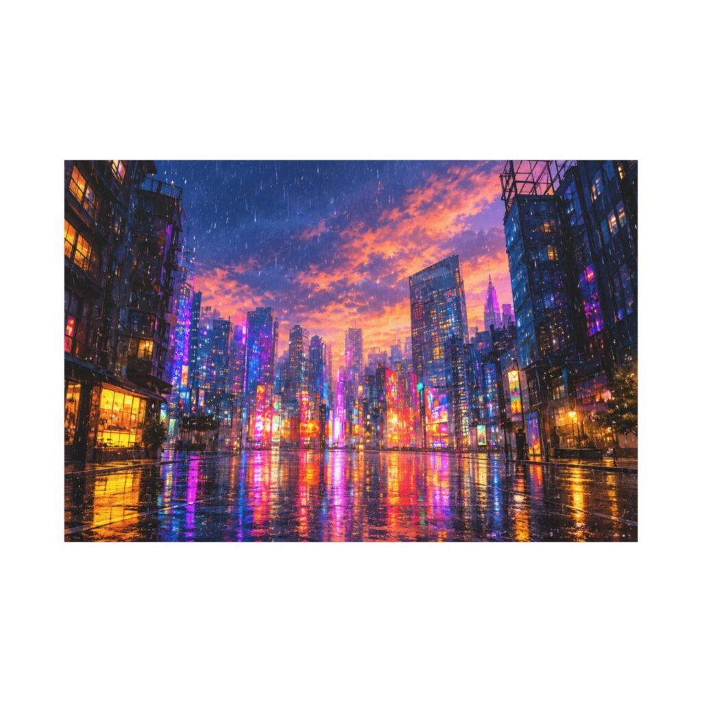 City Lights Rainy Night Matte Canvas Print — Vibrant Neon Urban Skyline Wall Art