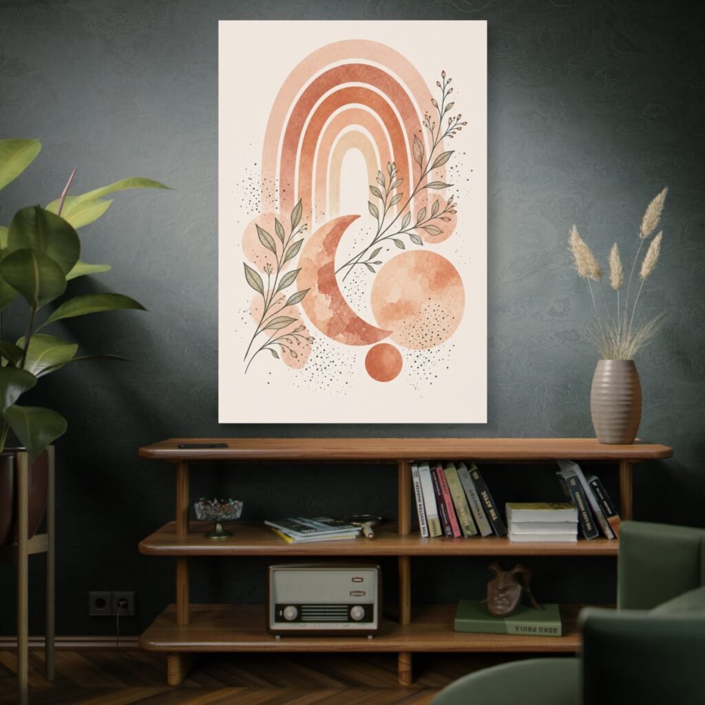 Boho Moon & Rainbow Canvas Wall Art — Earthy Botanical Nursery Decor