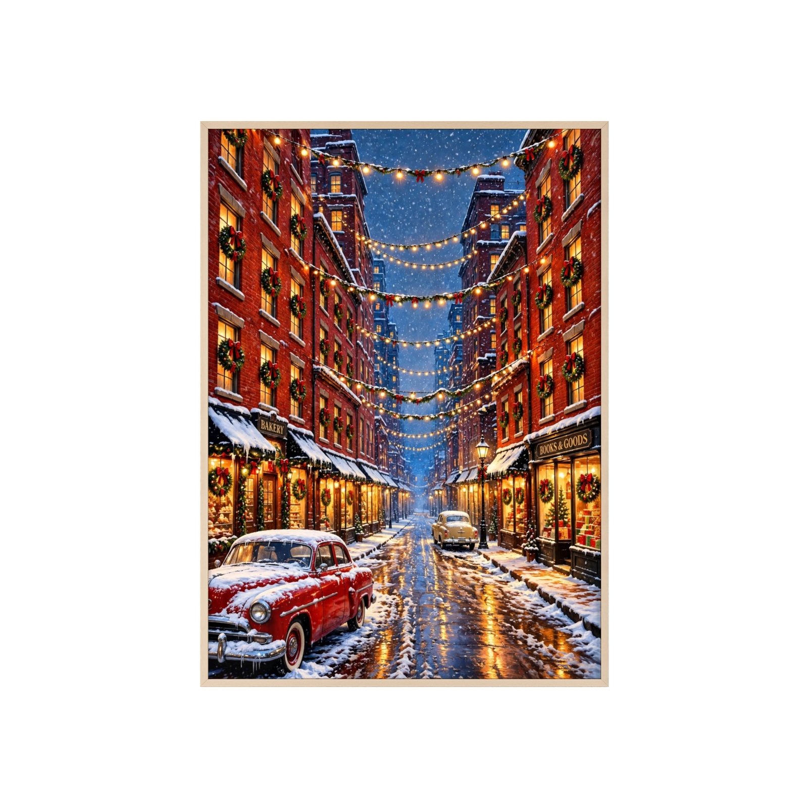 Framed Winter Street Holiday Poster — Snowy Cityscape with Vintage Car & String Lights - Image 1