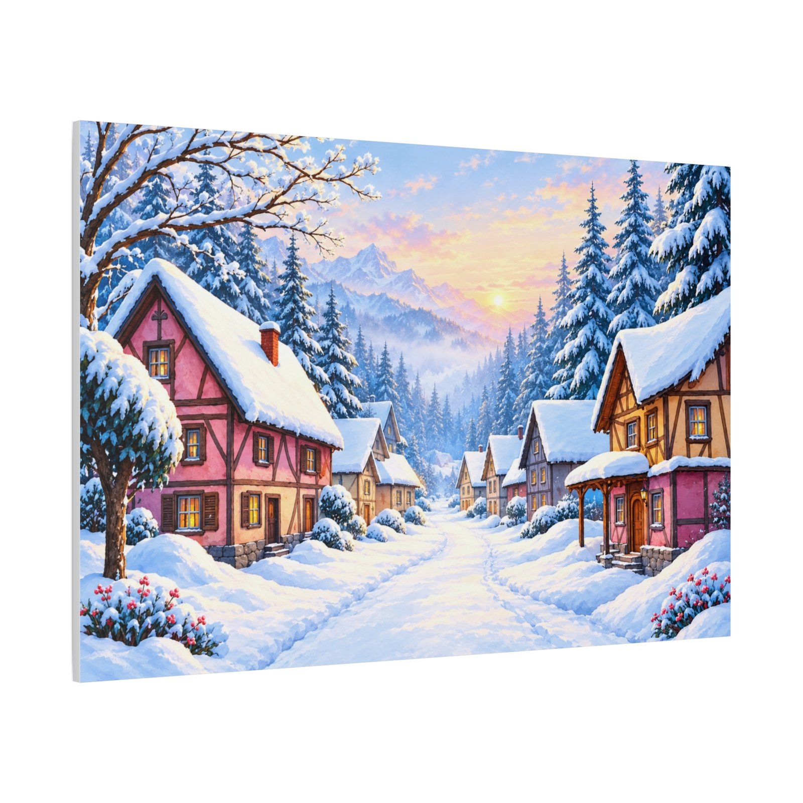 Winter Village Canvas Print — Snowy Sunset Cottage Wall Art - Image 2